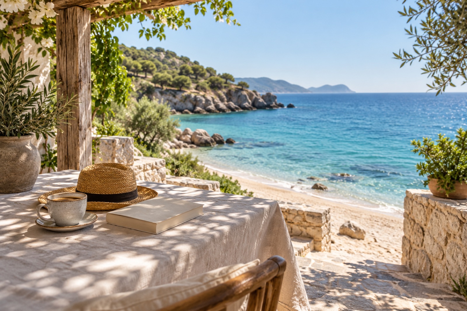 Coffee, a book and a sunhat on a shaded terrace overlooking a quiet beach. AI-generated illustration.
