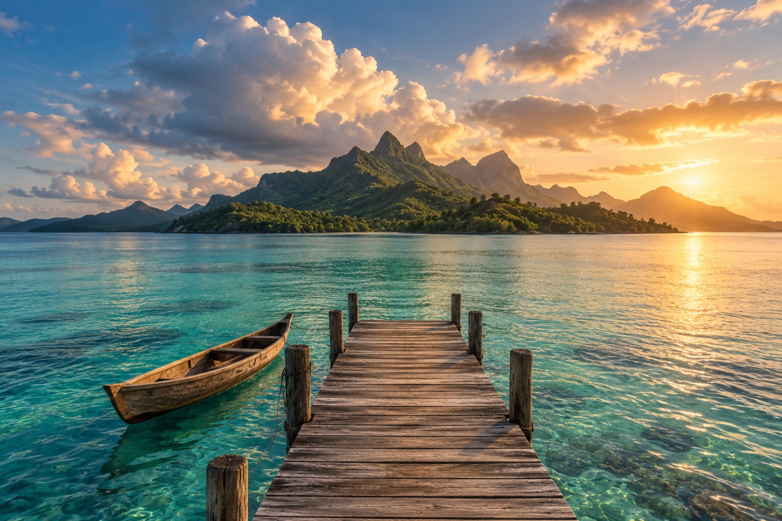 A wooden jetty and canoe beside a turquoise lagoon, with a green mountainous island at sunset. AI-generated illustration.