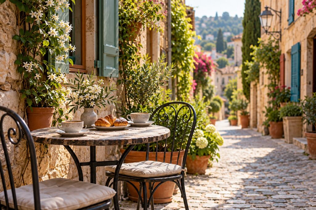 Coffee and pastries for two at an outdoor café table on a cobbled lane with colourful shutters and plants. AI-generated illustration.