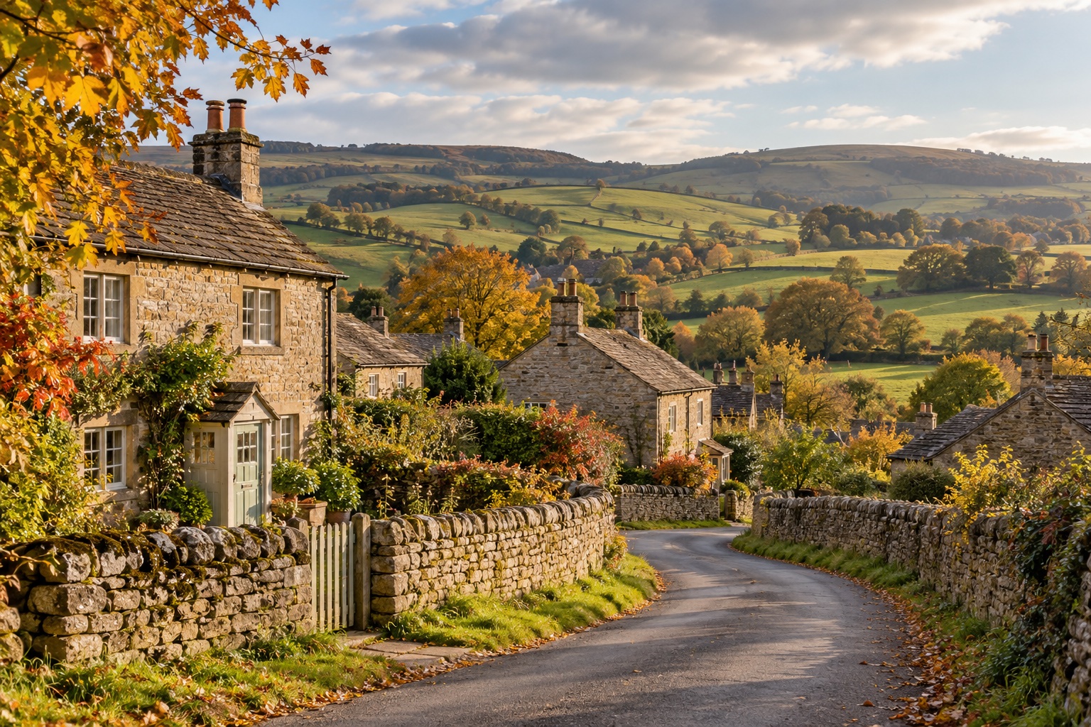 Stone cottages and a winding lane among green rolling hills in autumn. AI-generated illustration.